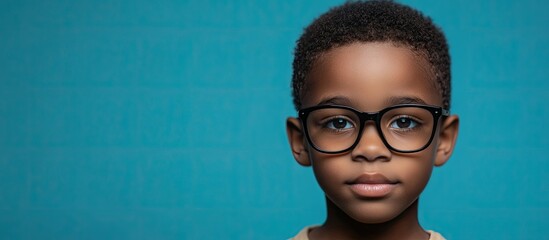 An African American young boy with glasses and poor eyesight is posing against a blue studio background creating a panorama with copy space The focus is on the child s eye health