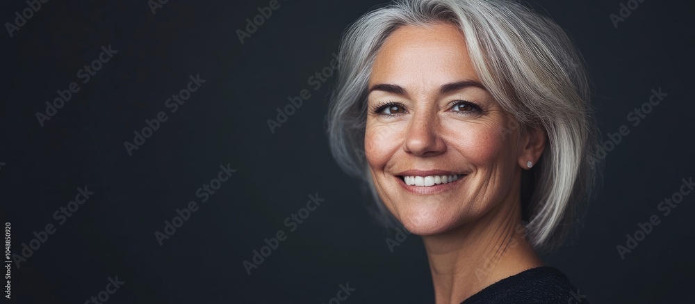 Poster portrait of a lovely mature woman smiling and looking at the camera against a dark background. with 