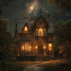 A beautiful Victorian-style house at night, with stars in the sky and lights on inside