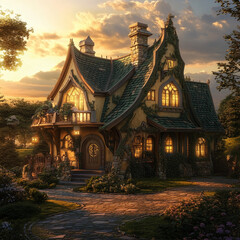 Obraz premium A beautiful fantasy house in the style of old English architecture, with warm lighting, highly detailed and high-resolution, creating a dreamy, cinematic atmosphere during the golden hour at sunset. 