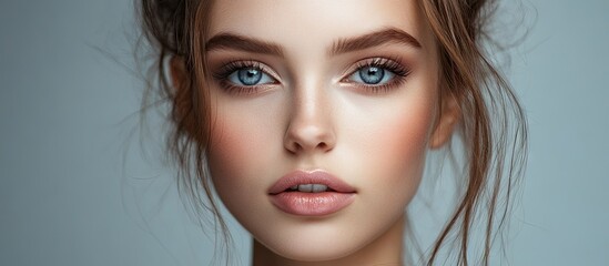 Fototapeta premium Close up portrait of an expressive glamorous girl against a grey background. with copy space image. Place for adding text or design