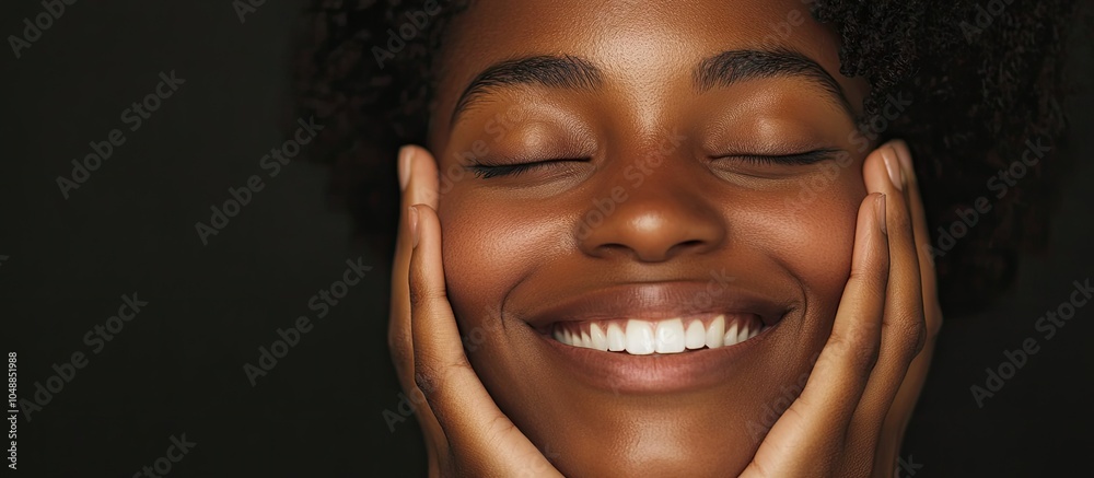Poster portrait of a smiling black woman with her hands near her face. with copy space image. place for add