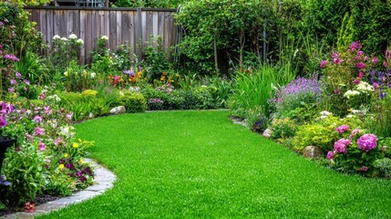 Fototapeta premium A well-maintained backyard garden with lush green grass, blooming flowers, and a small wooden fence.