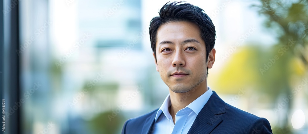 Poster portrait of a japanese man in his thirties wearing a suit. with copy space image. place for adding t
