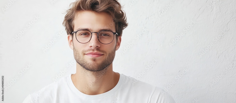 Poster close up horizontal portrait of an attractive male model wearing glasses gazing at the camera while 