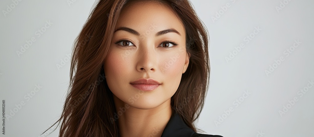 Poster attractive asian woman in her 30s photographed in a studio against a white background. with copy spa