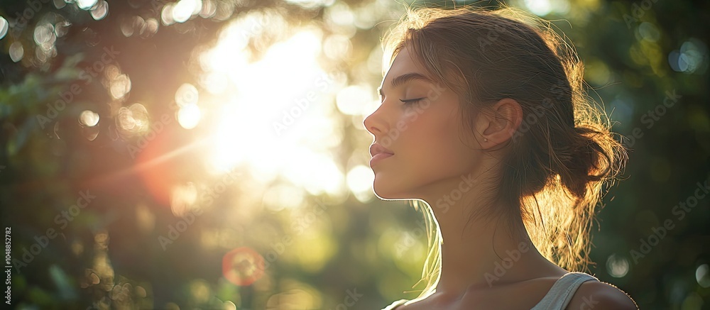 Poster A young woman in casual attire outside featuring a soft focus and lens flare expressing a feeling of contemplation or calmness. with copy space image. Place for adding text or design