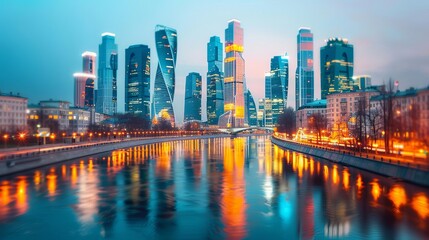 Fototapeta premium Modern skyscrapers with lights reflecting on a river, Night metropolis, sophistication