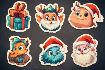 Fototapeta premium Festive cartoon stickers featuring animals and characters in Santa hats with holiday gifts