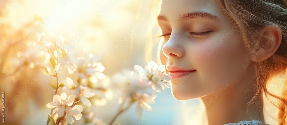 Leinwandbilder lovely girl with a spring flower. with copy space image. place for adding text or design