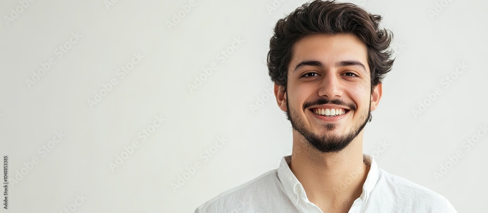 Poster Portrait of a stylish young Arab man smiling in front of a white background. with copy space image. Place for adding text or design