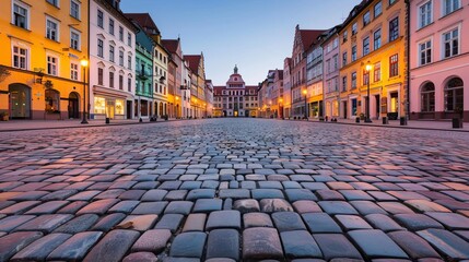 Historic town square with cobblestone streets and warm lights, Night town, heritage