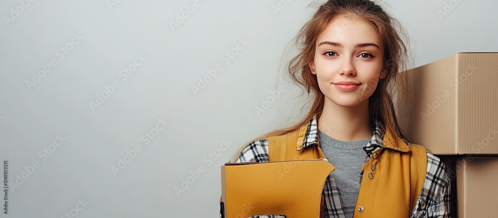 Poster Young woman with storage boxes against a light background. with copy space image. Place for adding text or design