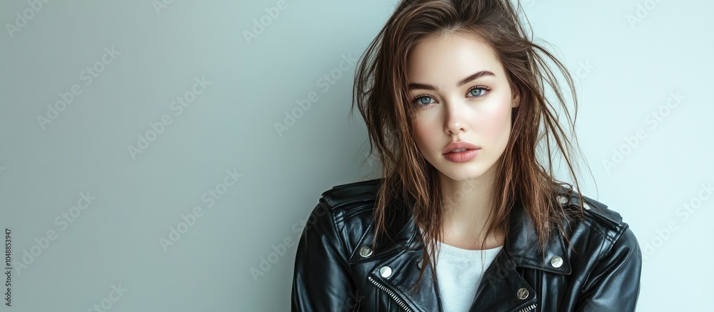 Poster studio portrait of a good looking young woman wearing a black leather jacket set against a simple ba