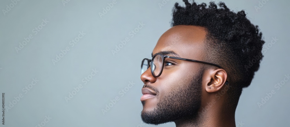 Poster portrait of a handsome young stylish african american man in eyeglasses looking off to the side isol