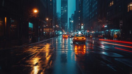 Fototapeta premium A rainy city street at night, illuminated by lights and reflecting on wet pavement.