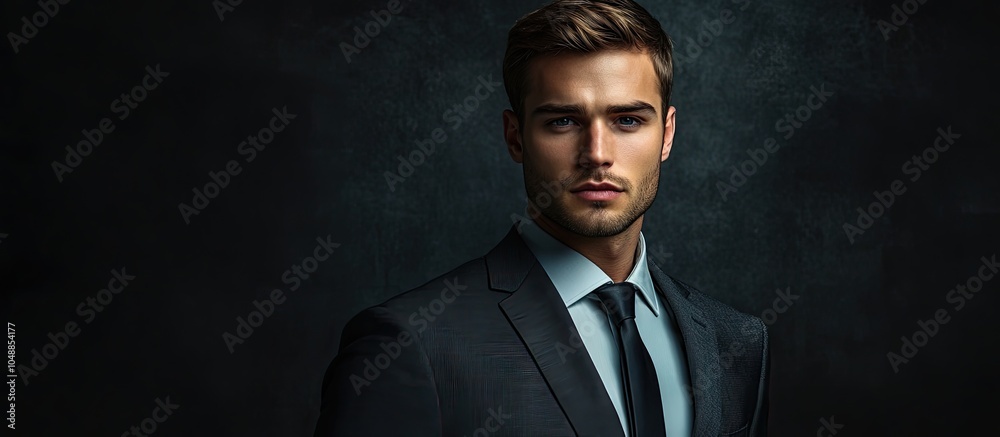 Poster Young and self assured businessman Professional in a suit against a dark backdrop. with copy space image. Place for adding text or design