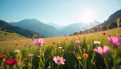 A Meadow of Flowers Against Majestic Mountains.