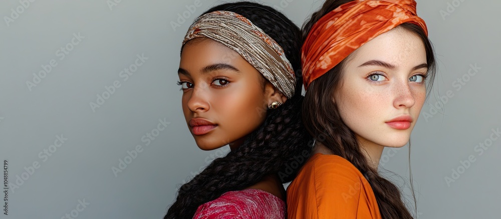 Fototapete close up portrait of two young women from different ethnic backgrounds standing back to back in trad