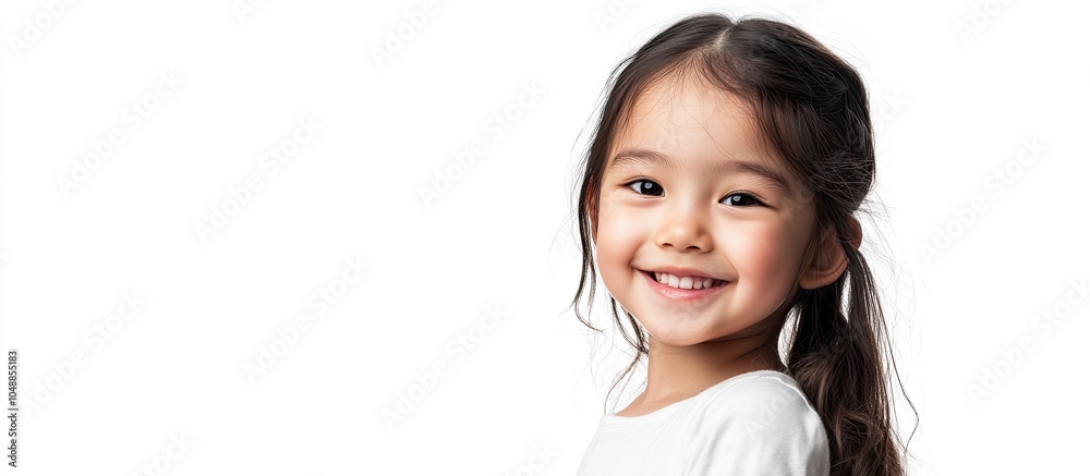 Poster portrait of a joyful little asian girl isolated on a white background with copyspace concept of a sm