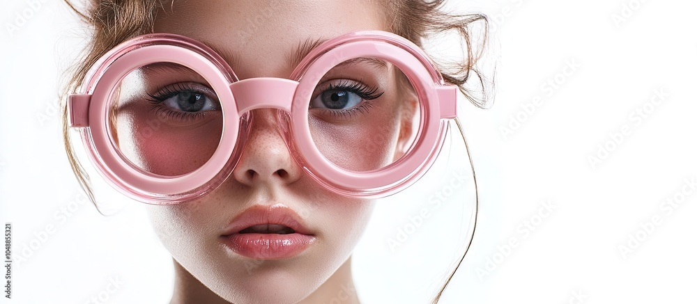 Poster portrait of a teenage girl wearing large pink glasses isolated on a white background. with copy spac