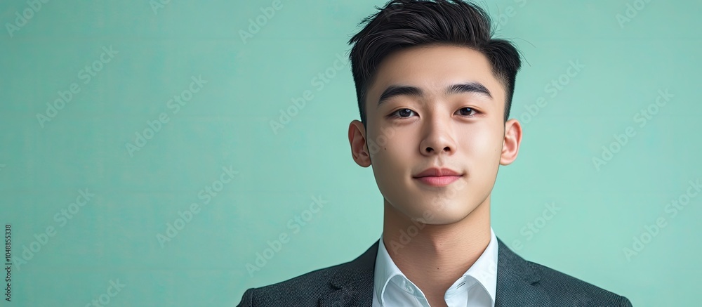 Poster the young asian man in smart casual attire is positioned against a light green background. with copy