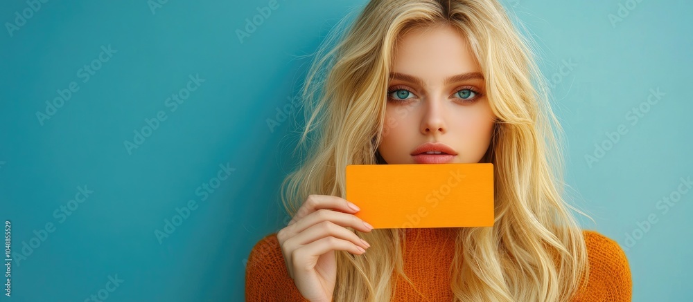 Aufkleber composite image of a lovely blonde holding an orange card. with copy space image. place for adding t