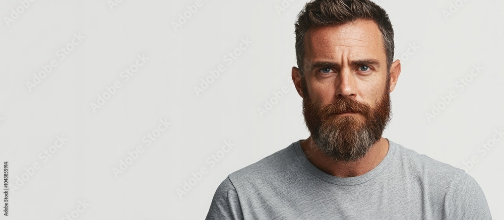 Poster considerate man with a beard wearing a grey t shirt set against a white background. with copy space 