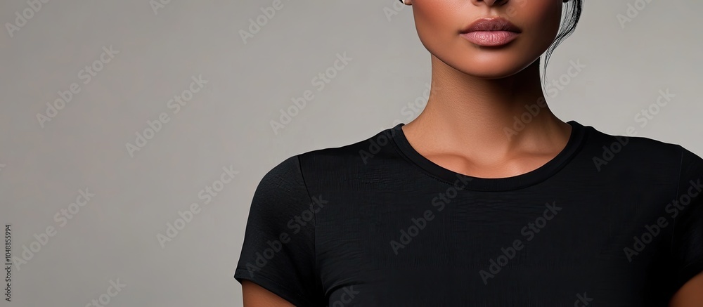 Poster woman in a black t shirt against a light grey background close up. with copy space image. place for 