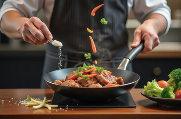 Man Sauteing Vegetable Ragout in Wok Pan - Restaurant Kitchen, High Cuisine, Delicious and Nutritious Food