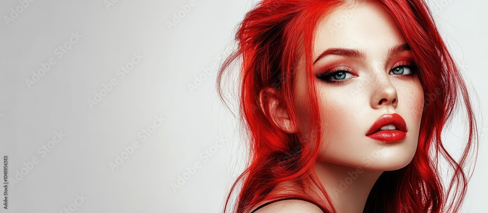 Poster portrait of a stunning female fashion model with red hair posing against an isolated white backgroun