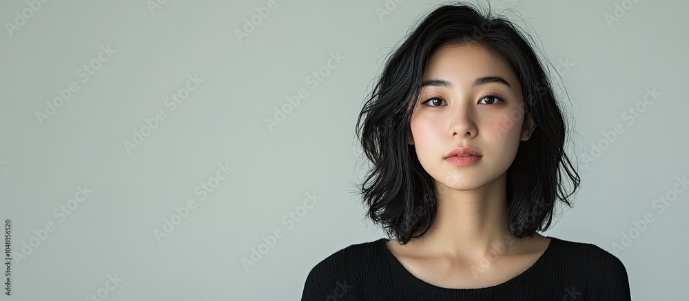 Poster attractive asian woman in her twenties set against a plain background photographed in a studio. with
