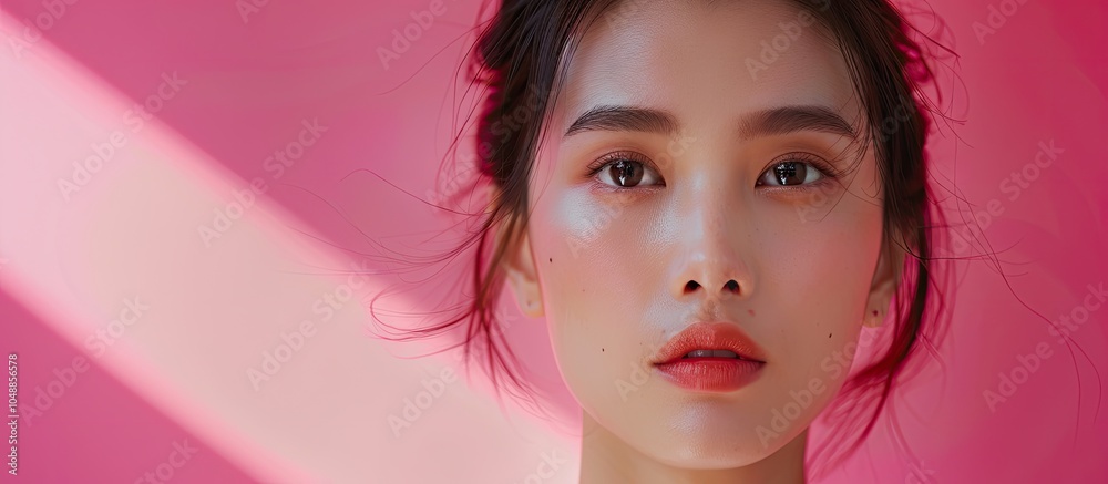 Poster portrait of a beautiful asian woman against a pink background. with copy space image. place for addi