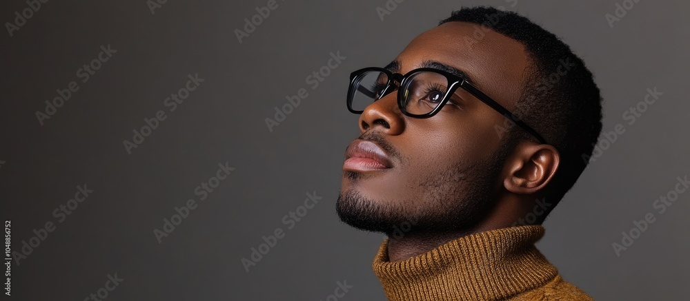 Poster portrait of a handsome young stylish african american man in eyeglasses looking off to the side isol