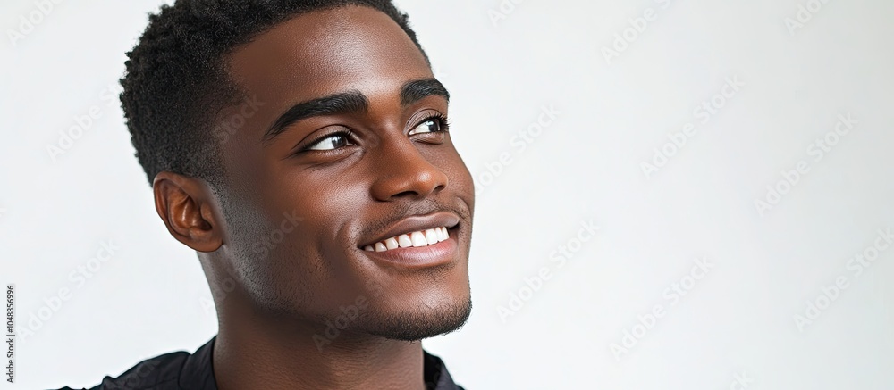Poster close up portrait of a young man smiling and gazing off to the side against a white background. with