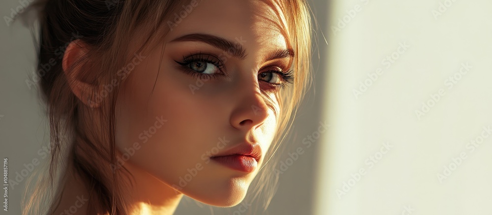 Poster Attractive woman in a plain background captured in a studio with soft lighting featuring an intriguing expression and dramatic light effects. with copy space image. Place for adding text or design