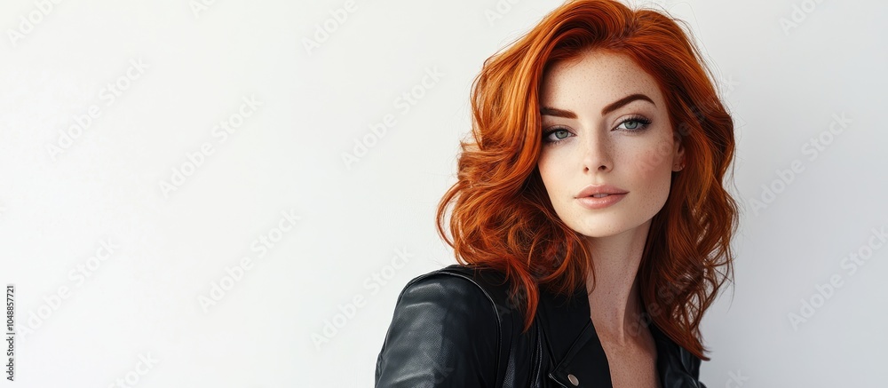 Poster portrait of a stunning female fashion model with red hair posing against an isolated white backgroun