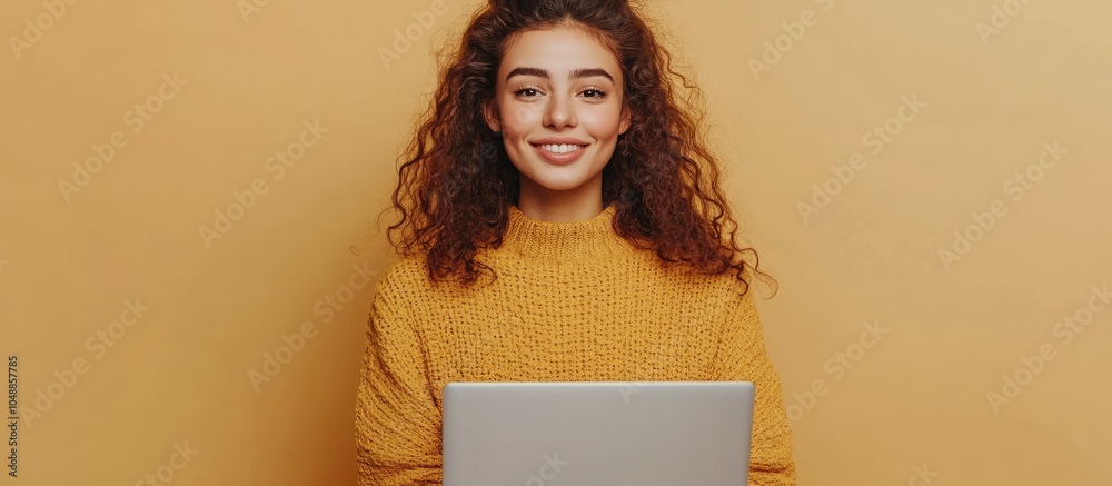 Poster cheerful young woman stands alone against a beige background while using a laptop computer facing th