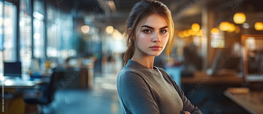 Poster portrait of a young white woman in a bustling contemporary workplace. with copy space image. place f