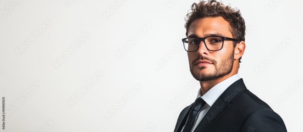 Poster portrait of an attractive man in a suit and glasses set against a white background copyspace for tex