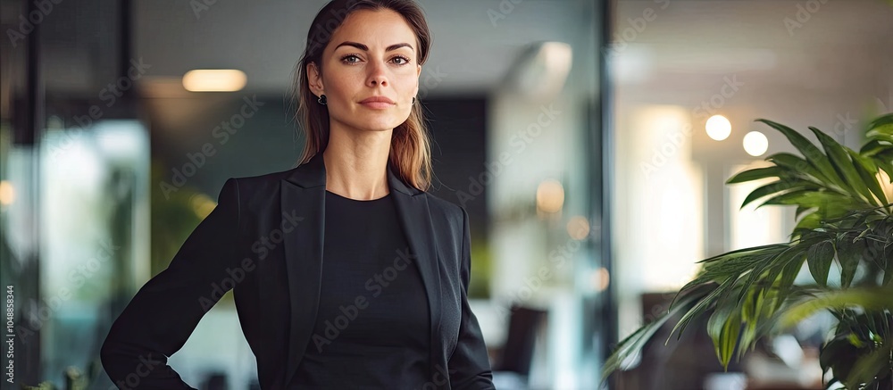 Poster confident businesswoman standing with her hands in her pockets and gazing away in an office. with co
