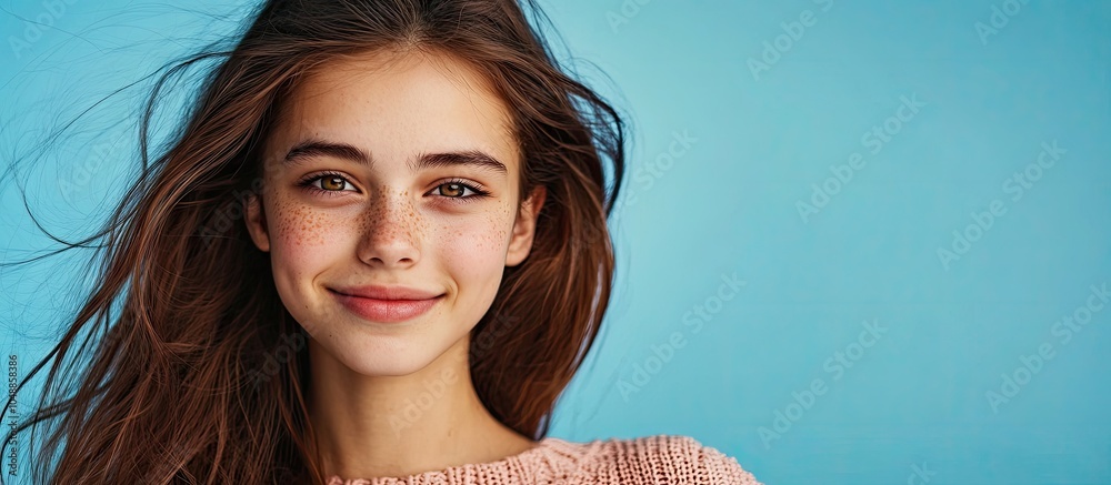 Poster portrait of a charming cheerful girl with long hair posing in a way that allows for copy space set a