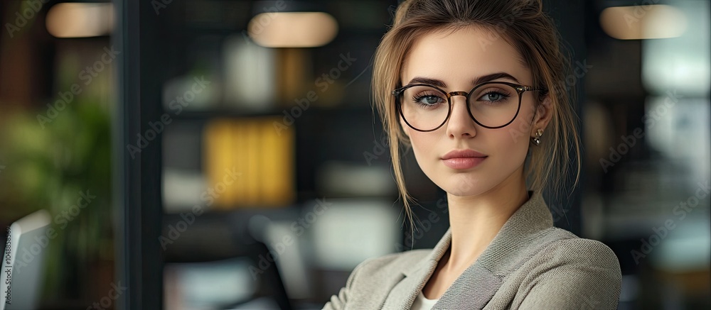 Aufkleber portrait of an attractive young woman in an office setting. with copy space image. Place for adding text or design