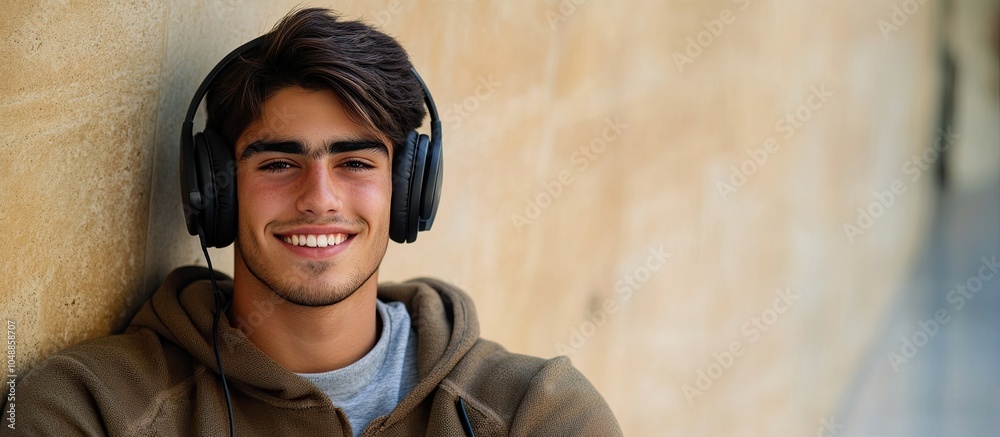Poster hispanic young man smiling while wearing headphones and leaning against the wall. with copy space im