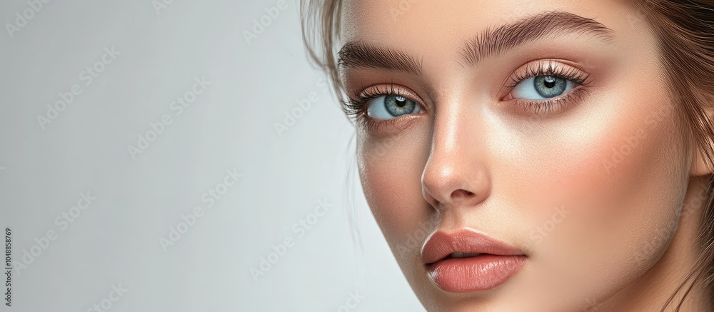 Poster the lovely face of a beautiful woman with fresh clear skin. with copy space image. place for adding 