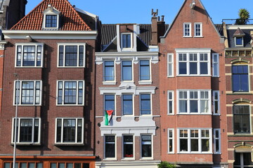 Amsterdam Schippersgracht Canal House Facades with Palestinian Flag