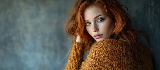 Fashion portrait of a stunning redhead woman wearing a knitted sweater with bare legs glancing over her shoulder while posing on the floor against a grey background copy space