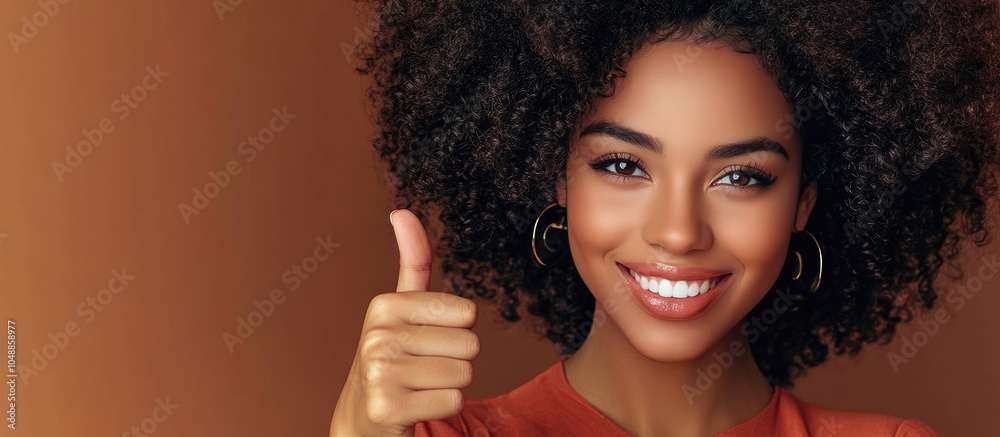 Poster young colombian woman with curly hair isolated against a brown background smiling and giving a thumb