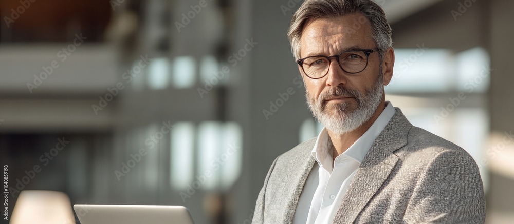 Poster Conducting business with the highest level of commitment A portrait of an experienced businessman using a laptop in an office setting. with copy space image. Place for adding text or design