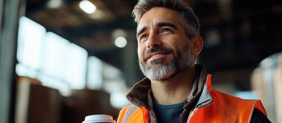 Attractive smiling man architect and worker conversing with colleagues gazing off to the side while standing in a warehouse holding a coffee cup during a break with copy space Represents the concep